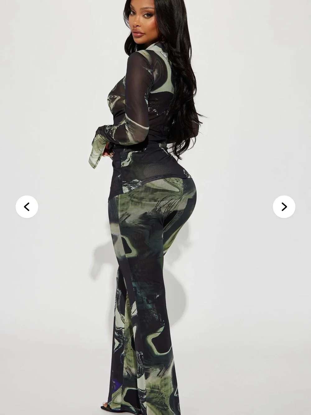 Fashion Nova Marble-Print Bootcut Set — Black & Olive
